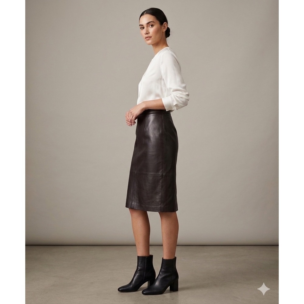 Talbots Leather Pencil Skirt Womens 8 Brown High Waist Knee Length Professional